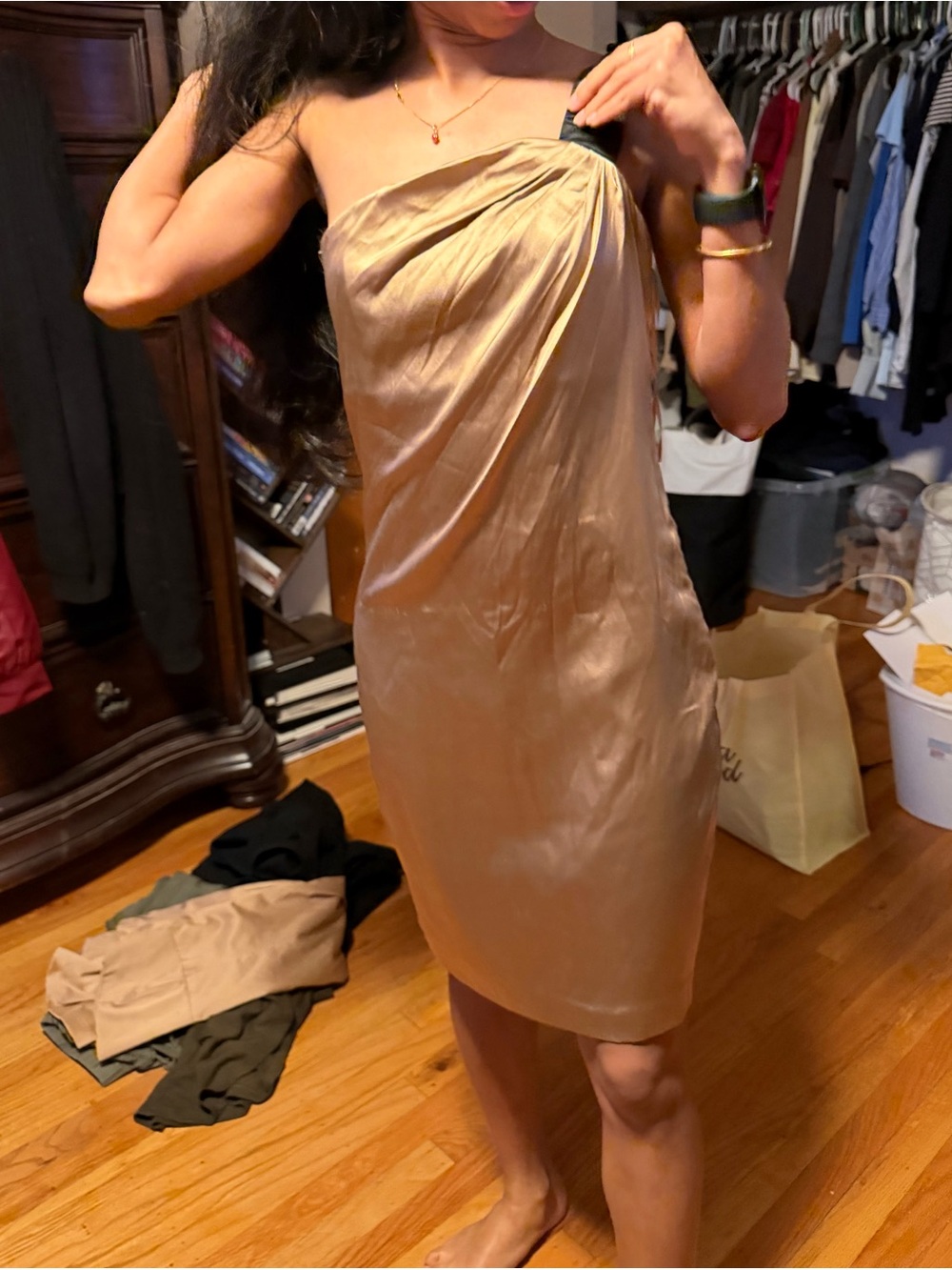& Other Stories Strapless Satin Dress in Gold